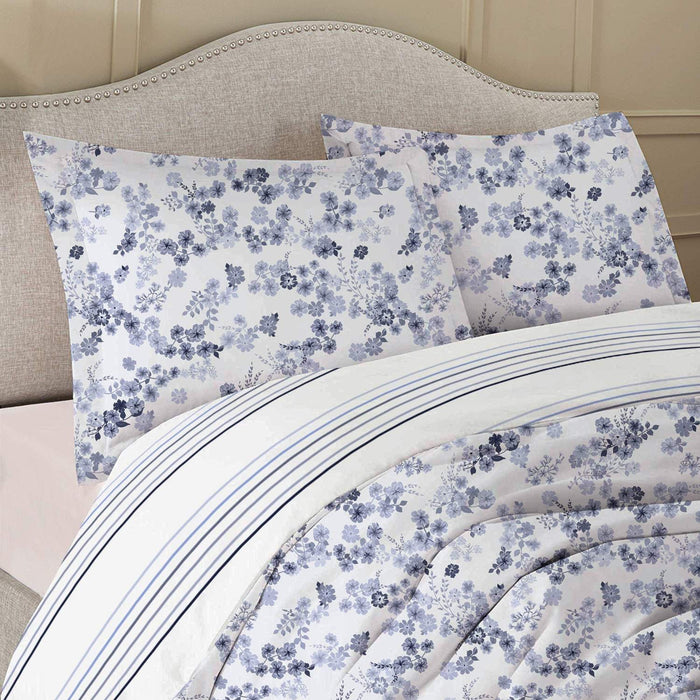 8-Piece Blue & White Floral Linen Essential Comforter Set, Twin