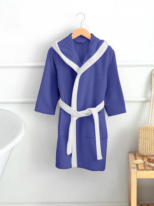 Blue Duck Embroidered Kids Bathrobe with Hood and Tie Up Belt - Blue