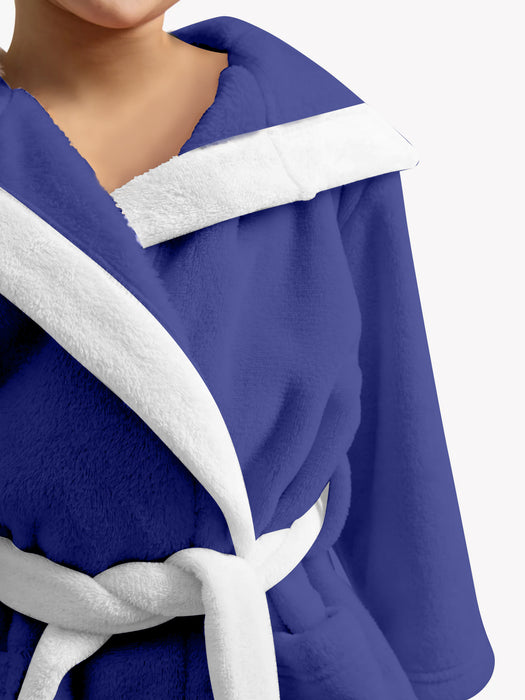 Blue Duck Embroidered Kids Bathrobe with Hood and Tie Up Belt - Blue