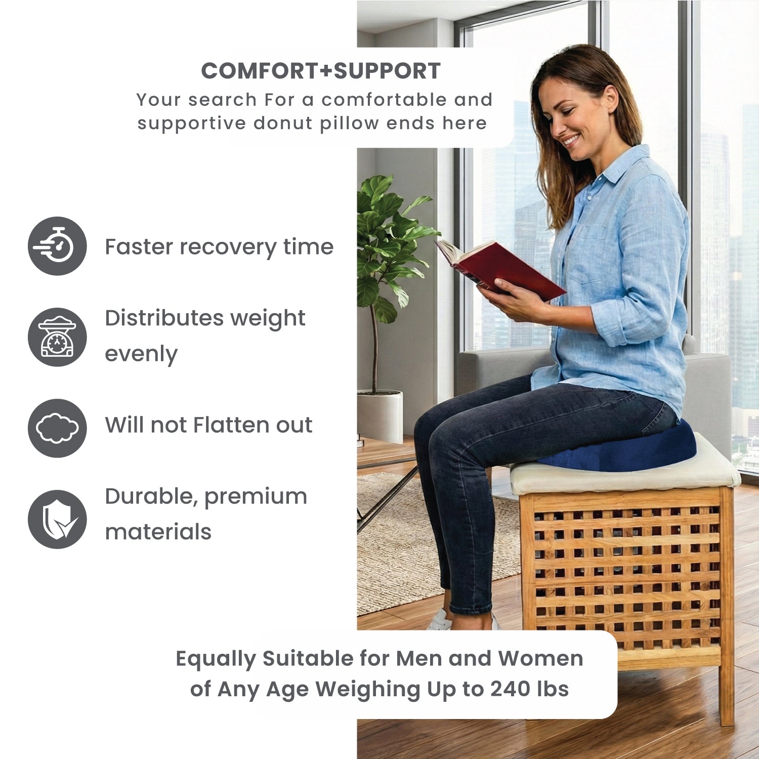 Ergonomic Memory Foam Donut Pillow for Tailbone & Hemorrhoid Pain Relief – 35x42cm, Blue