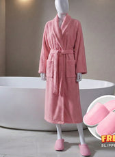 Premium Cotton Rose Pink Terry Bathrobe with Pockets, One Size Fits All with Free Bath Slippers