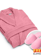 Premium Cotton Rose Pink Terry Bathrobe with Pockets, One Size Fits All with Free Bath Slippers
