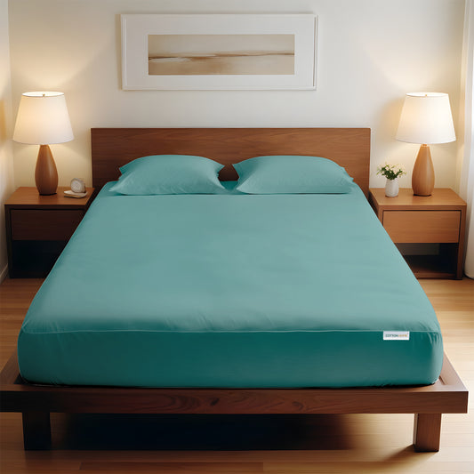 3 Piece Fitted Sheet Set Super Soft Teal Super King Size 200x200+30cm with 2 Pillow Case - Cotton Home