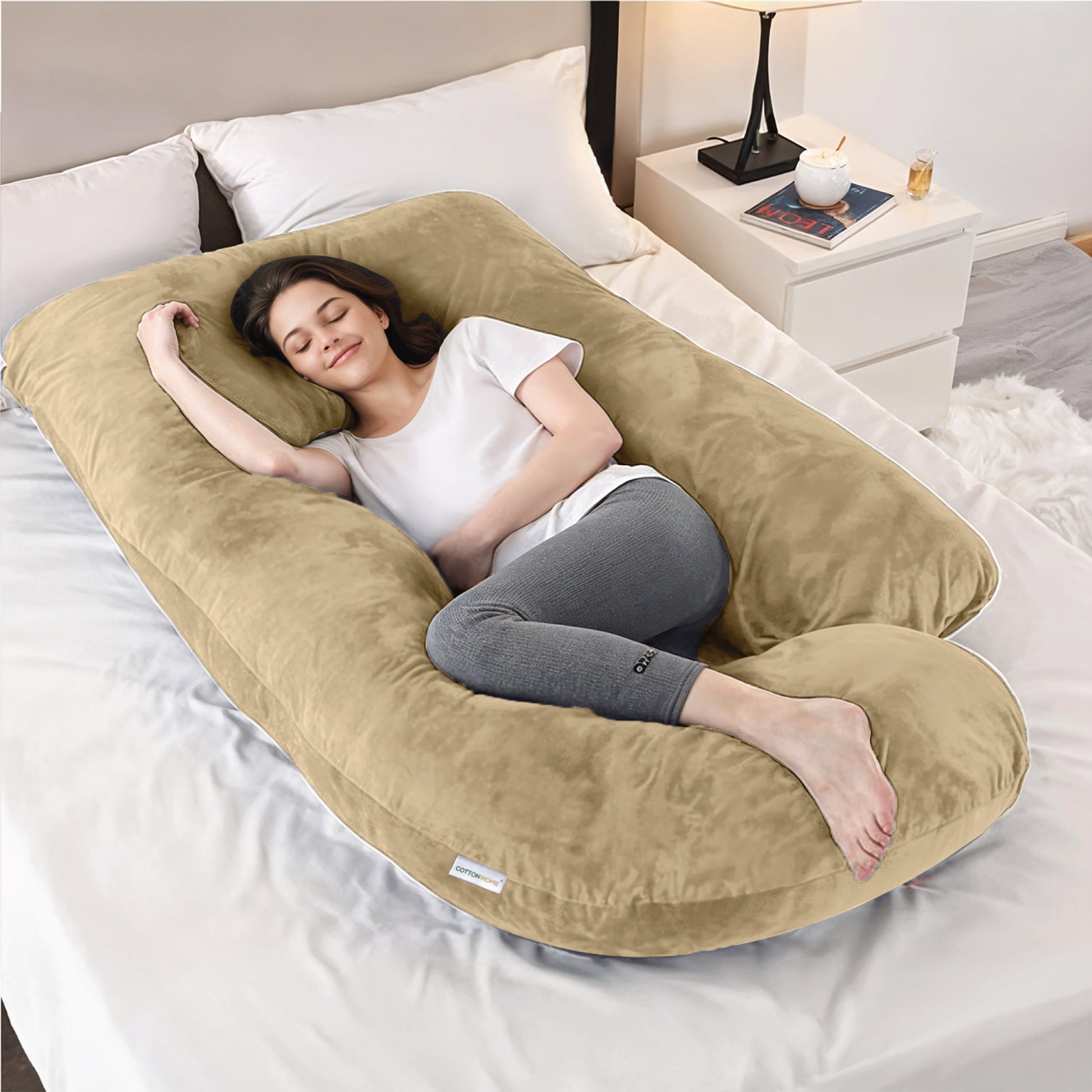 Serenity Velvet Pregnancy Pillow G-Shape Full Body Pillow  With Removable Cover Beige