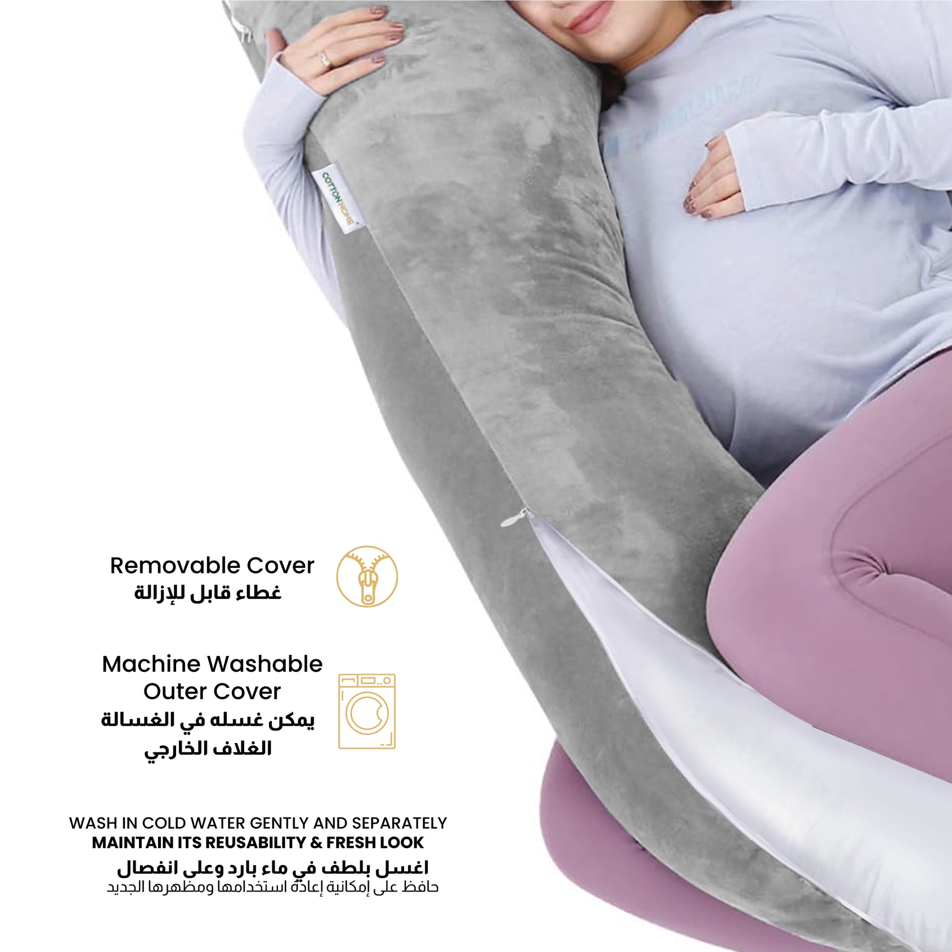 Serenity Velvet Pregnancy Pillow G-Shape Full Body Pillow  With Removable Cover Grey