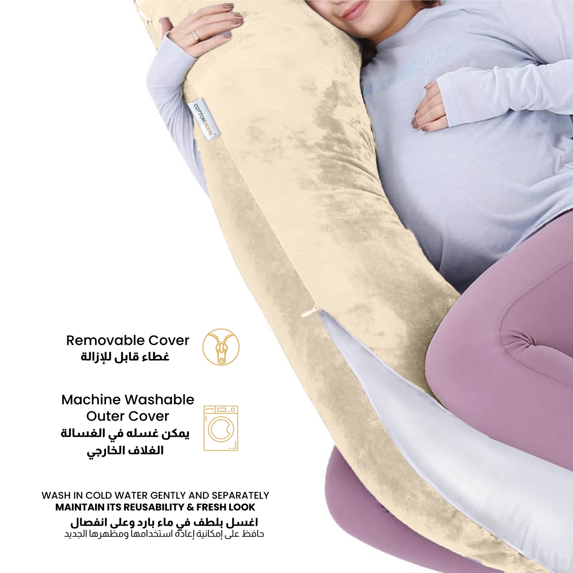 Serenity Velvet Pregnancy Pillow G-Shape Full Body Pillow  With Removable Cover Ivory