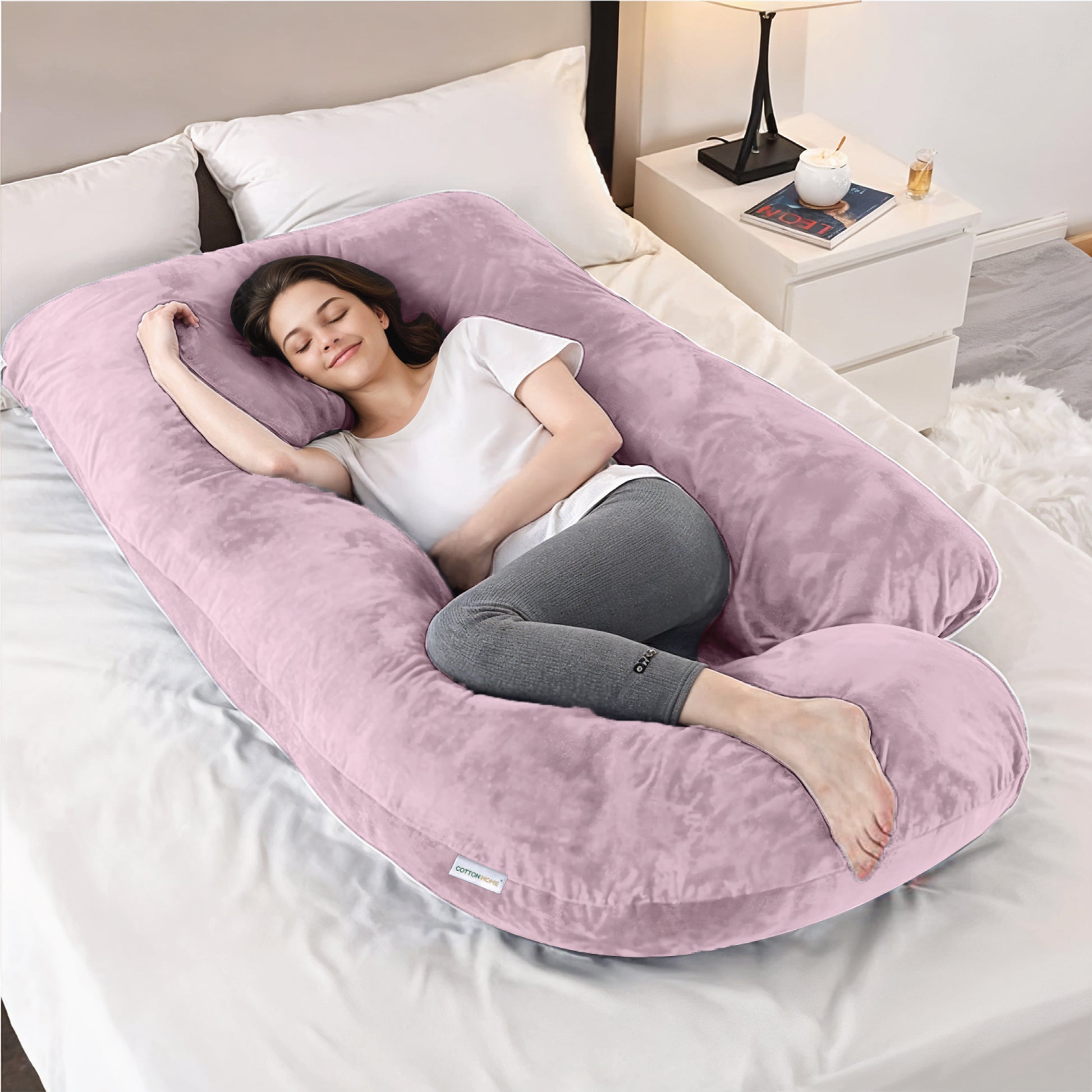 Serenity Velvet Pregnancy Pillow G-Shape Full Body Pillow  With Removable Cover Pink