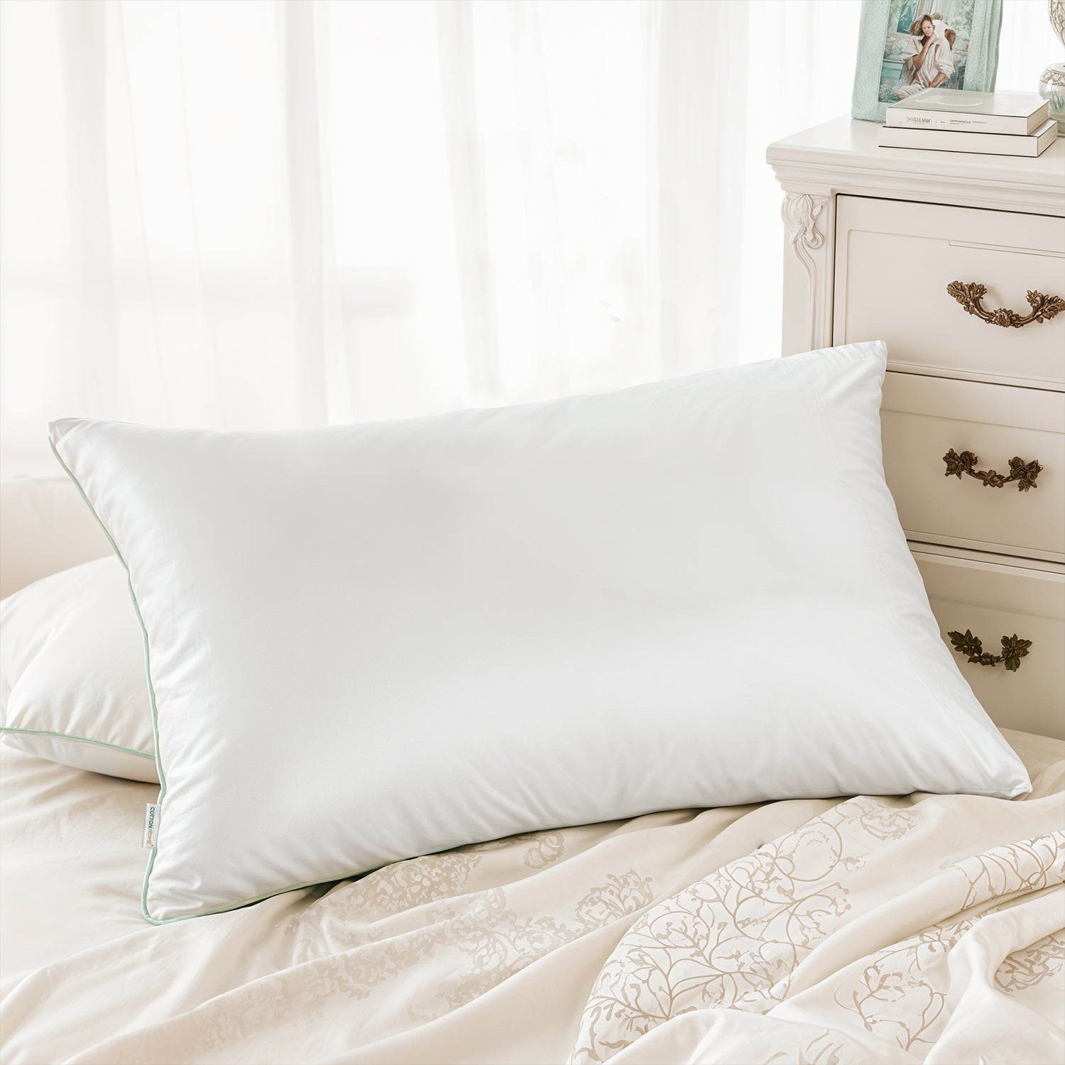 Premium Bamboo Silk Pillow 50x75cm - White with Mint Cord