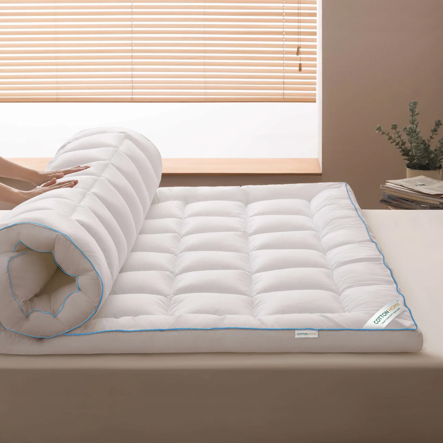 Gel Mattress Topper 8cm Thickness - 200x200cm White with Blue Cord