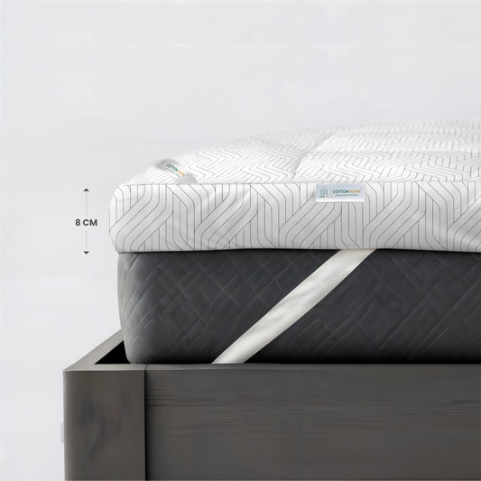 White And Grey Geometric Mattress Topper with 2 Pillow Cover - Queen Size 90x200+8cm