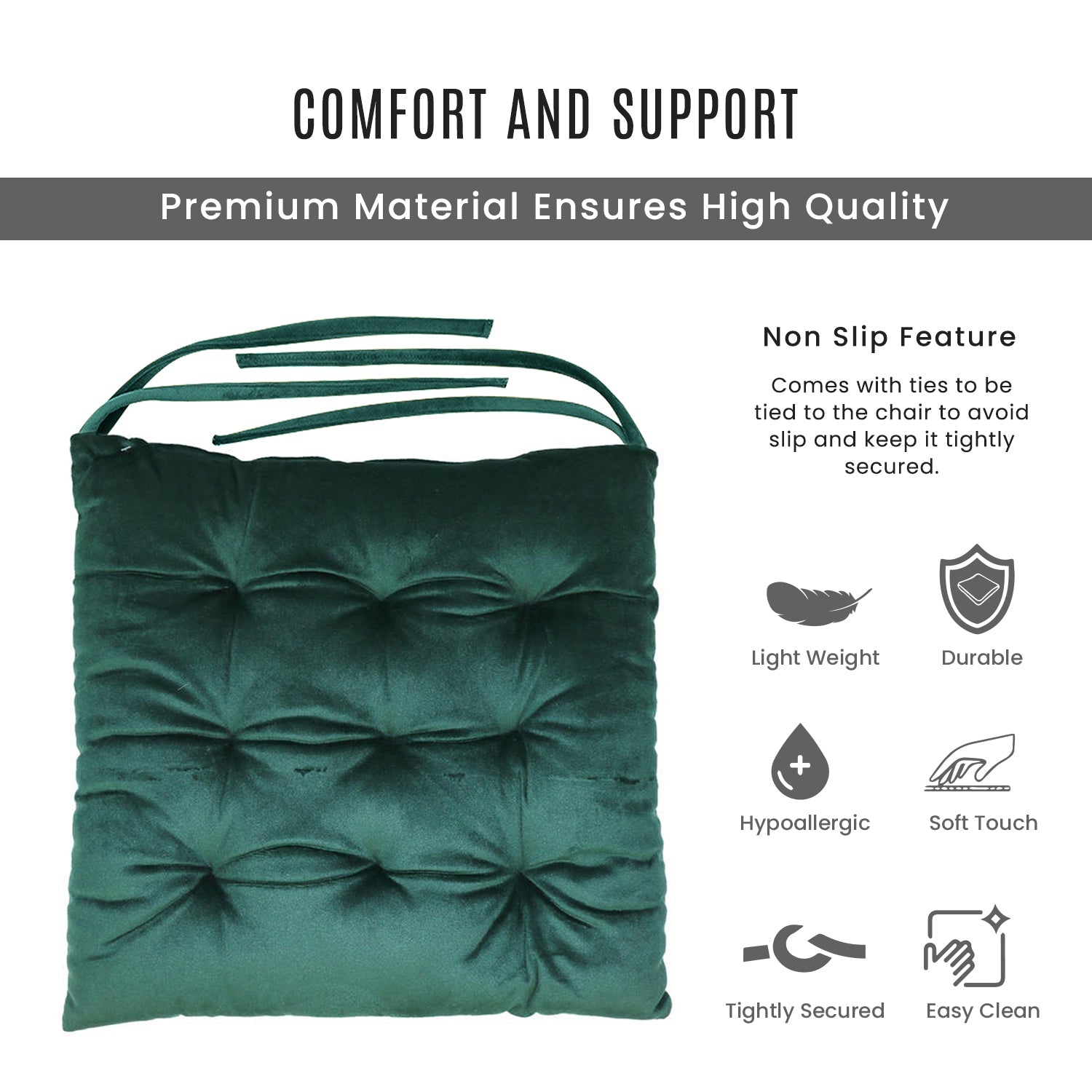 Velvet Slip Free Tufted  Chair Cushion Green 40x40cm - Pack of 4