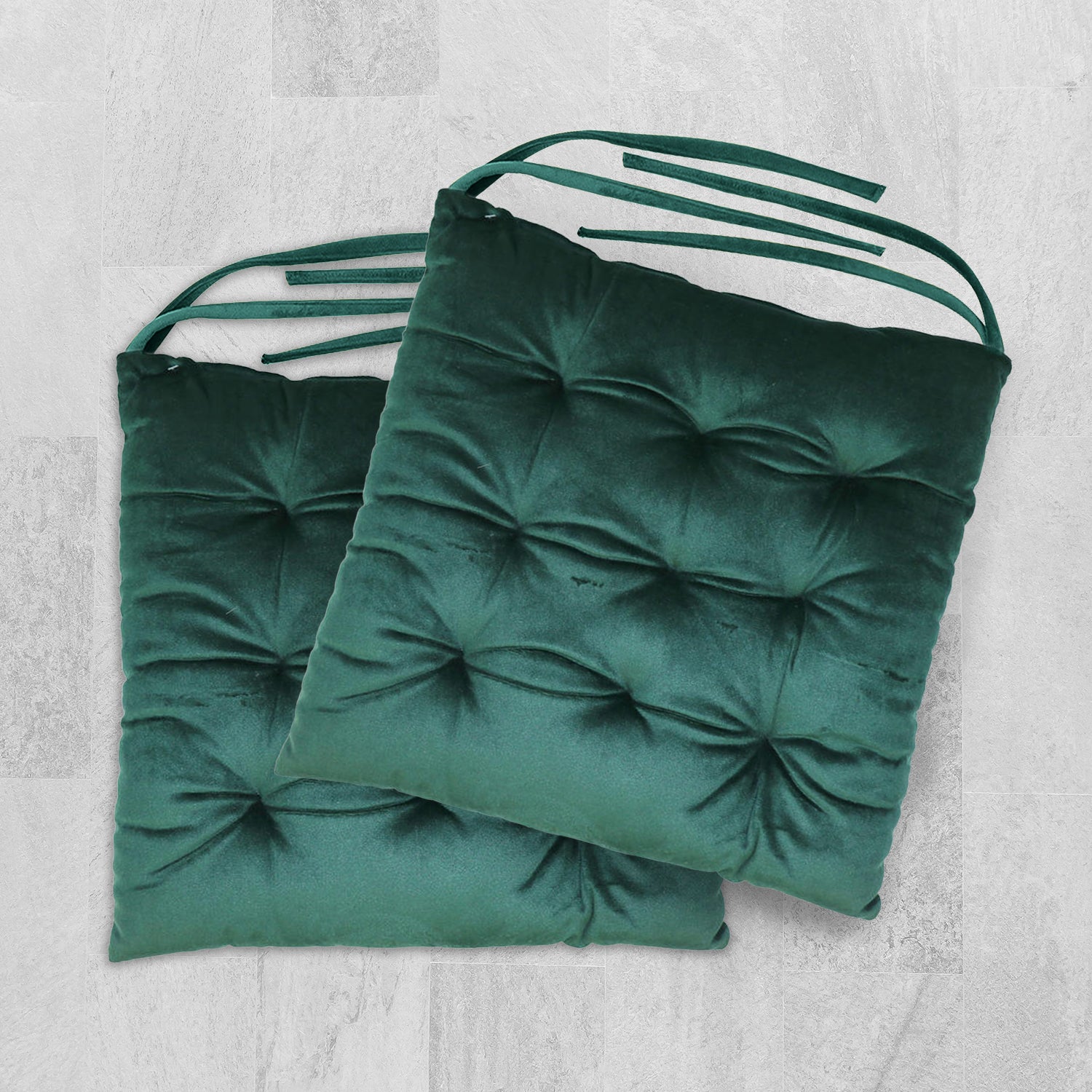 Velvet Slip Free Tufted  Chair Cushion Green 40x40cm - Pack of 2