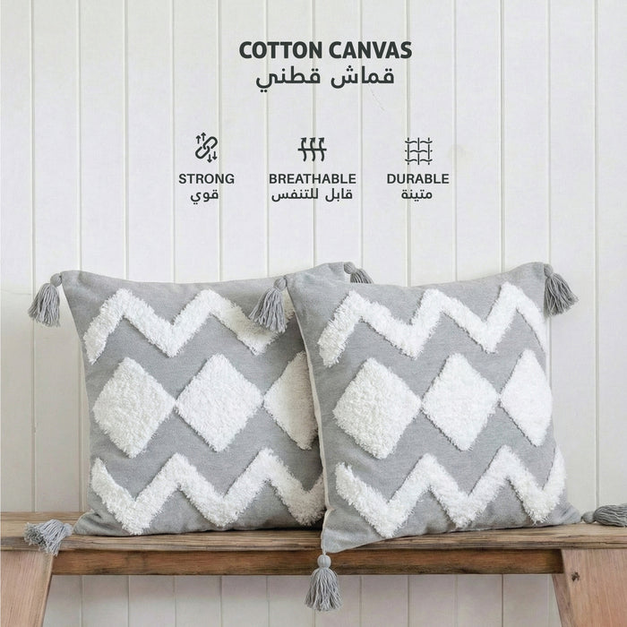 Boho Handcrafted Throw Pillow 45x45cm Filled Cushion with Grey Wave Design Pack of 2