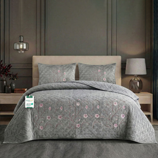 Velvet Quilt Set 3-Piece | Diamond Quilted Bedspread Set 220×240cm – Light Gray