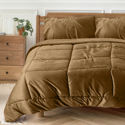 Luxury Velvet 3-Piece Queen Comforter Set - 220x240 cm- Khaki - Cotton Home