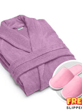 Premium Cotton Lavender Terry Bathrobe with Pockets, One Size Fits All with Free Bath Slippers