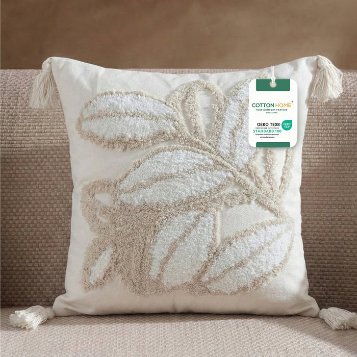Boho Handcrafted Throw Pillow 45x45cm Filled Cushion with Leaves Design