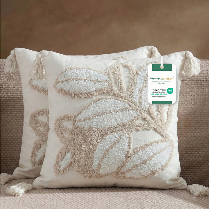 Boho Handcrafted Throw Pillow 45x45cm Filled Cushion with Leaves Design Pack of 2