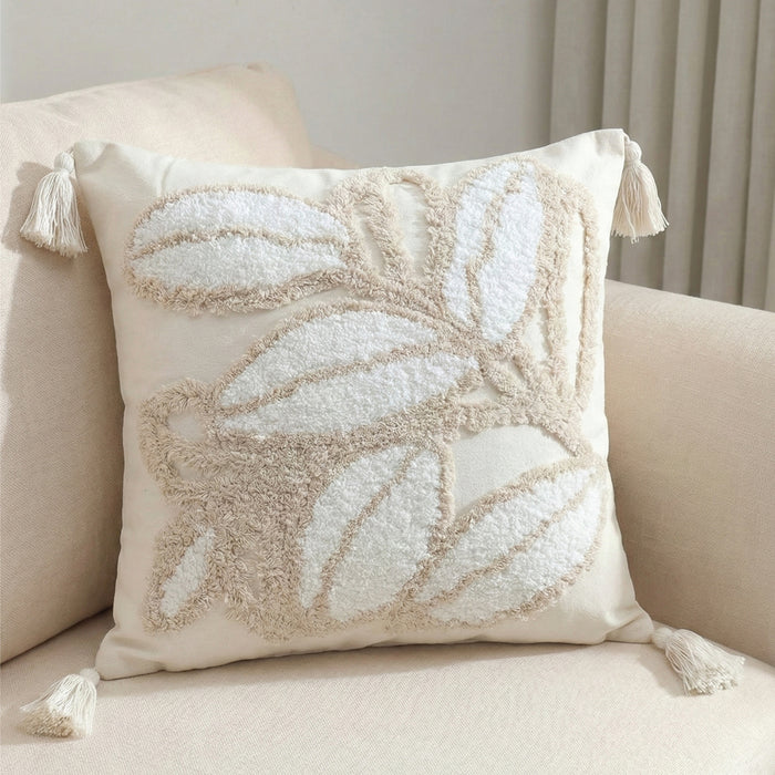 Boho Handcrafted Throw Pillow 45x45cm Filled Cushion with Leaves Design