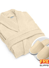 Premium Cotton Cream Terry Bathrobe with Pockets, One Size Fits All with Free Bath Slippers