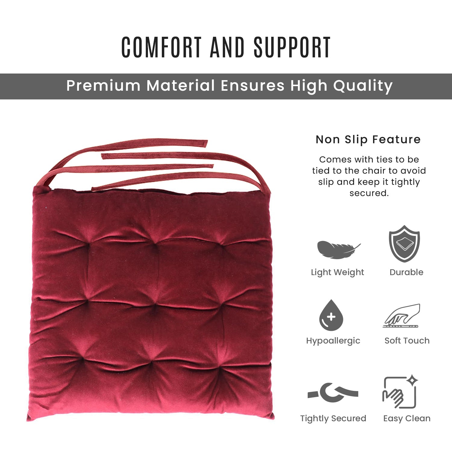 Velvet Slip Free Tufted  Chair Cushion Maroon 40x40cm - Pack of 4