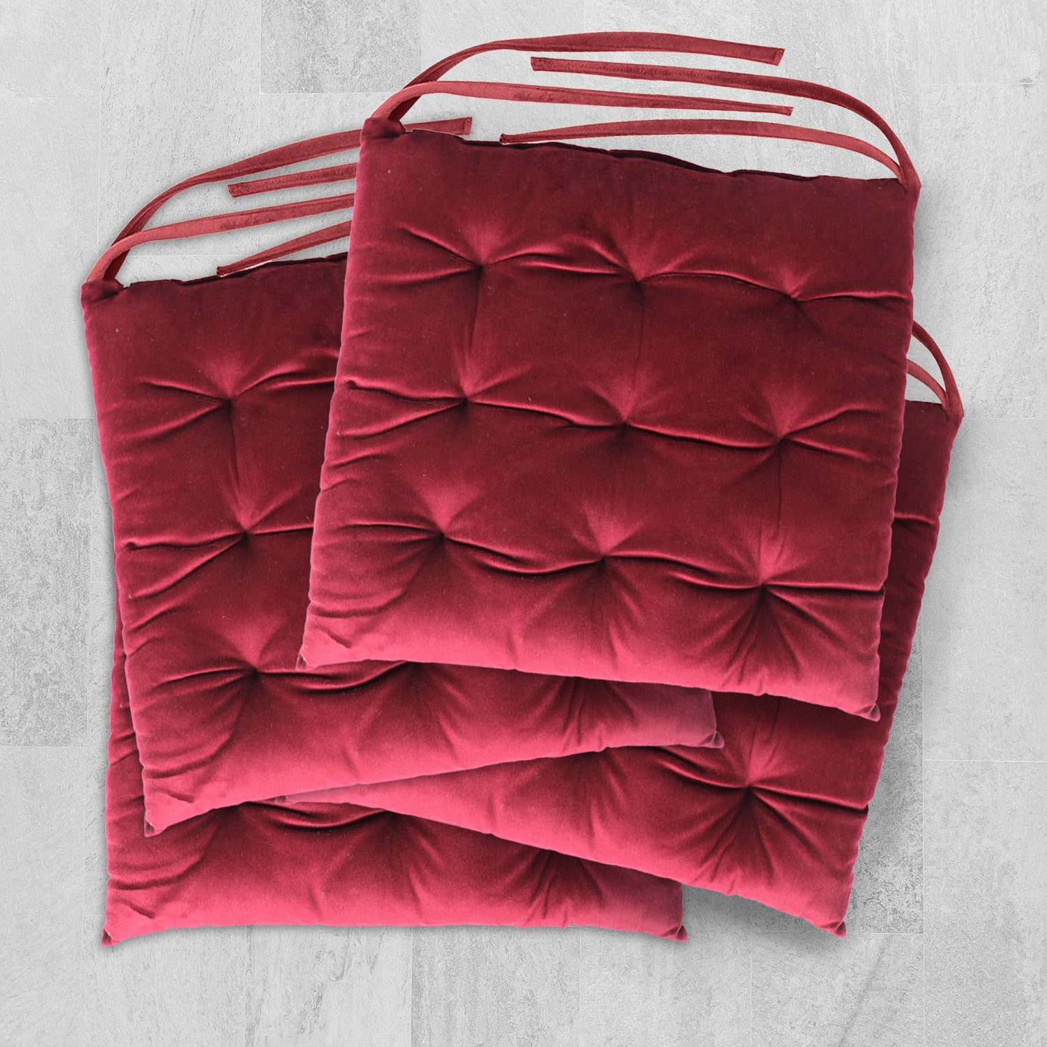 Velvet Slip Free Tufted  Chair Cushion Maroon 40x40cm - Pack of 4