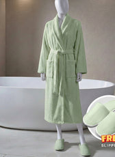 Premium Cotton Mint Green Terry Bathrobe with Pockets, One Size Fits All with Free Bath Slippers