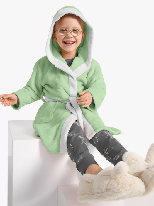 Polar Bear Embroidered Kids Bathrobe with Hood and Tie Up Belt - Mint