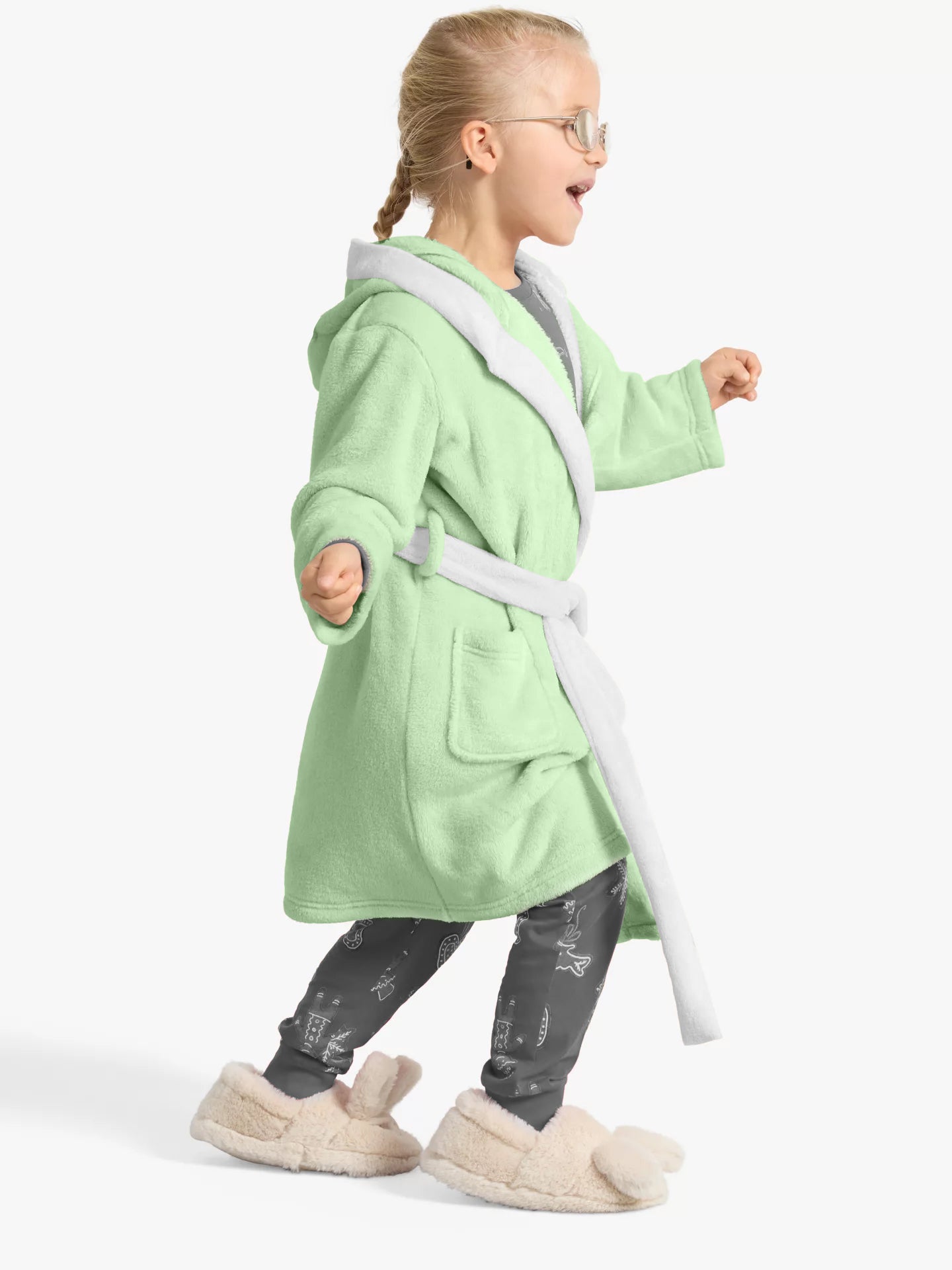 Polar Bear Embroidered Kids Bathrobe with Hood and Tie Up Belt - Mint