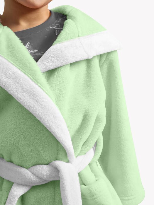 Polar Bear Embroidered Kids Bathrobe with Hood and Tie Up Belt - Mint