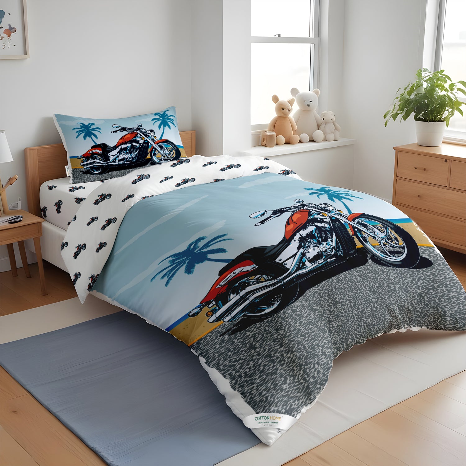 Kids Duvet Cover Set 3 Pcs -  Motorcycle  Print | 135x220cm | Microfiber | Cotton Home