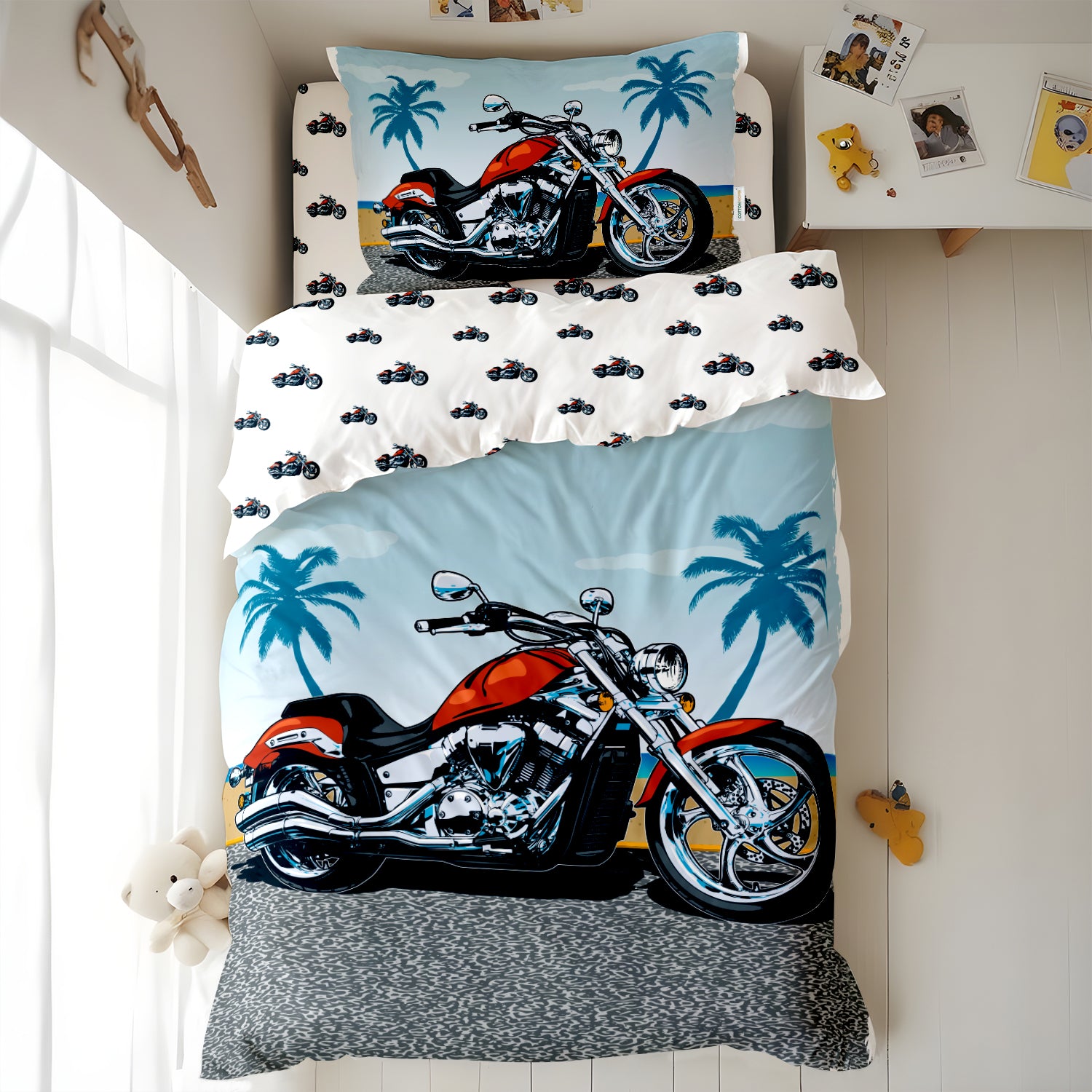 Kids Duvet Cover Set 3 Pcs -  Motorcycle  Print | 135x220cm | Microfiber | Cotton Home