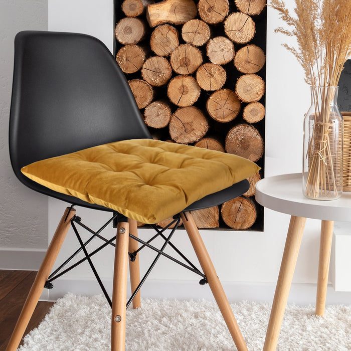 Velvet Slip Free Tufted  Chair Cushion Mustard 40x40cm - Pack of 2