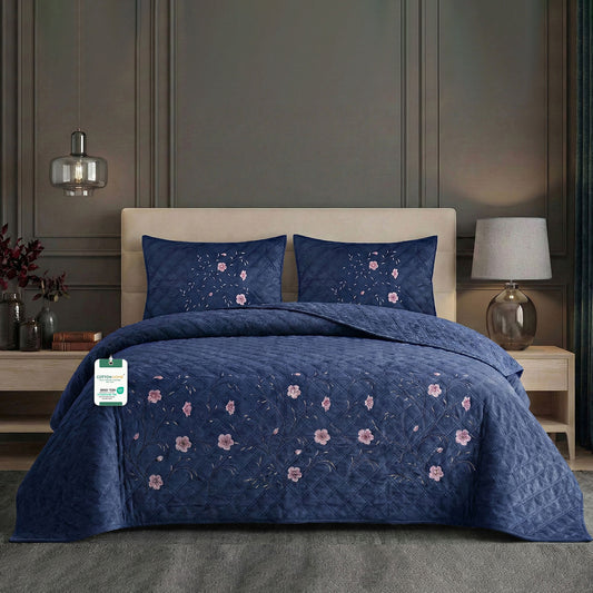 Velvet Quilt Set 3-Piece | Diamond Quilted Bedspread Set 220×240cm – Navy Blue