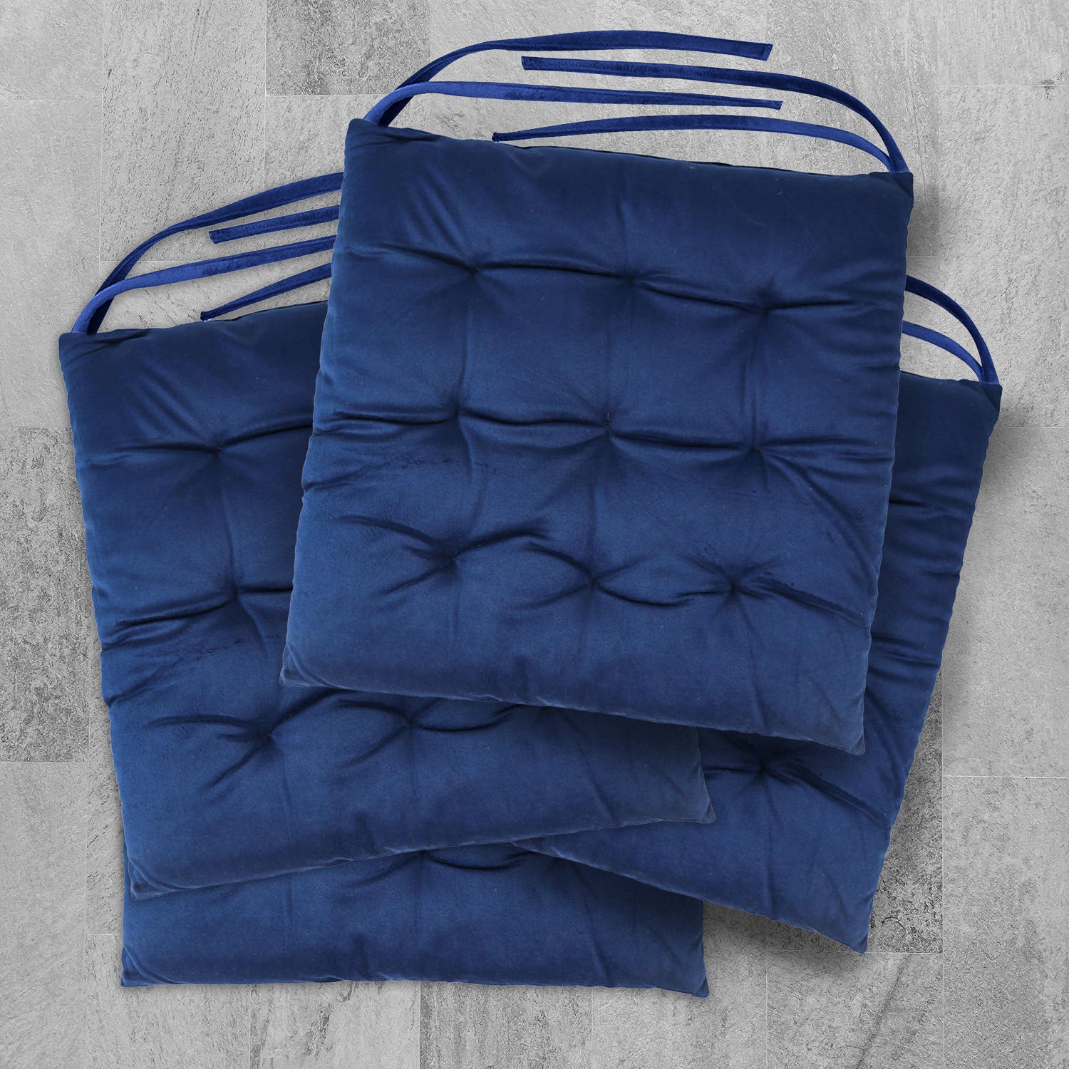 Velvet Slip Free Tufted  Chair Cushion Navy Blue 40x40cm - Pack of 4