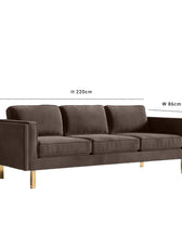 Nebula Brown Velvet 3-Seater Sofa with Square Arms - Luxury Living Room Seating, L220cm x W86cm x H81cm - Cotton Home