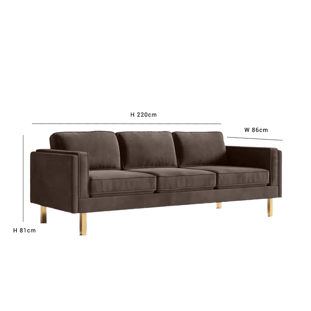 Nebula Brown Velvet 3-Seater Sofa with Square Arms - Luxury Living Room Seating, L220cm x W86cm x H81cm