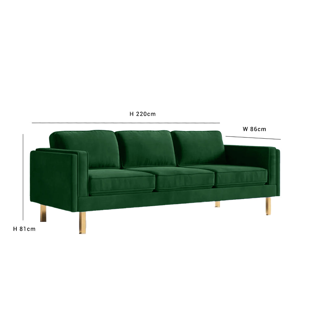 Nebula Green Velvet 3-Seater Sofa with Square Arms - Luxury Living Room Seating, L220cm x W86cm x H81cm