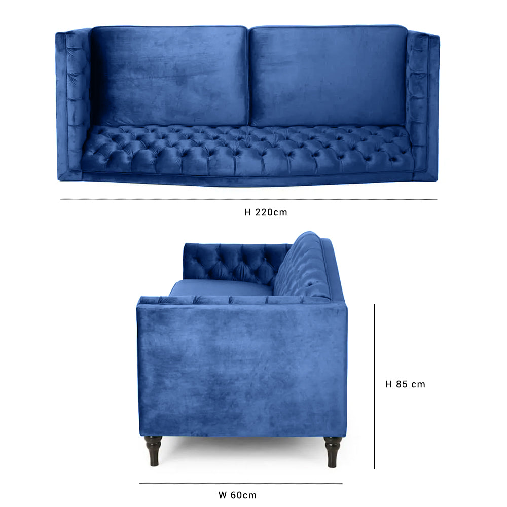 Nova 3-Seater Velvet Sofa with Square Arms – L220cm x W60cm x H85cm, Blue Comfortable & Stylish Sofa for Living Room