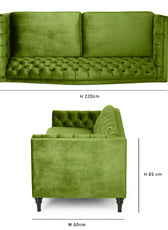 Nova 3-Seater Velvet Sofa with Square Arms – L220cm x W60cm x H85cm, Green Comfortable & Stylish Sofa for Living Room - Cotton Home