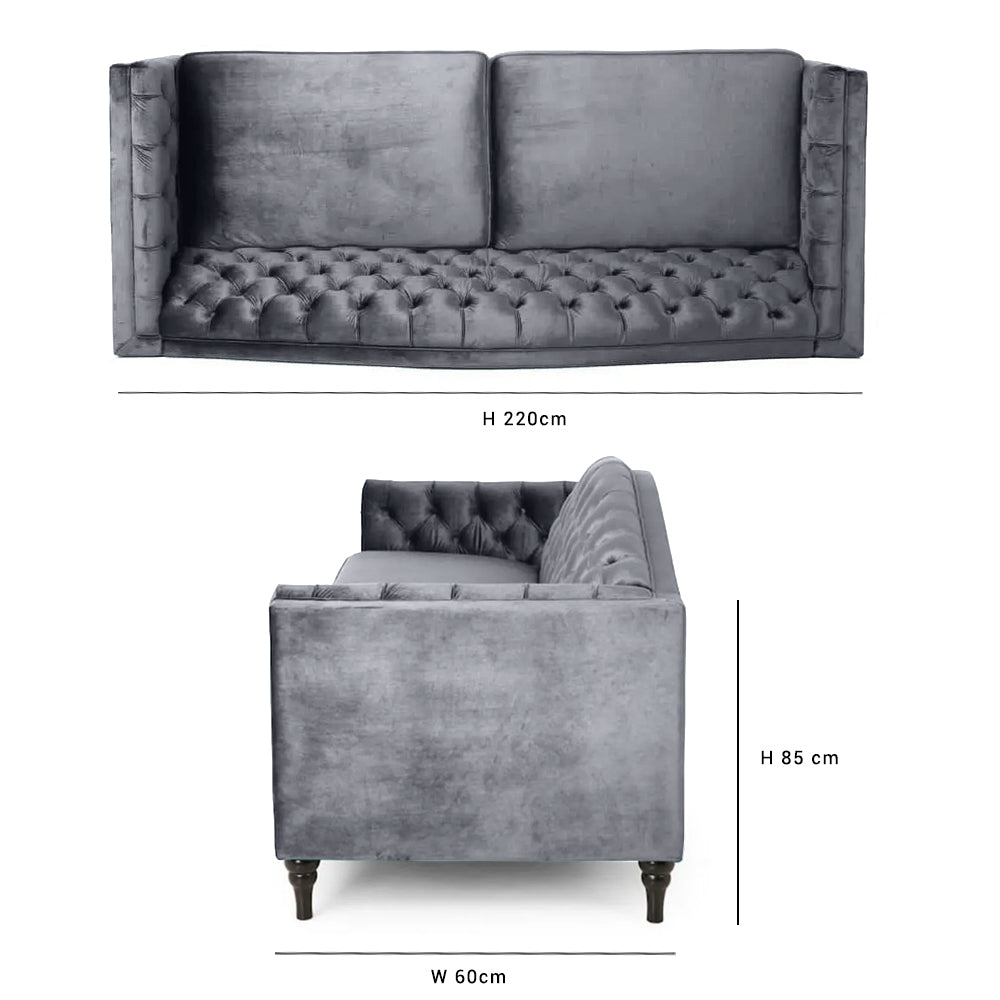 Nova 3-Seater Velvet Sofa with Square Arms – L220cm x W60cm x H85cm, Grey Comfortable & Stylish Sofa for Living Room