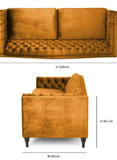 Nova 3-Seater Velvet Sofa with Square Arms – L220cm x W60cm x H85cm, Gold Comfortable & Stylish Sofa for Living Room - Cotton Home