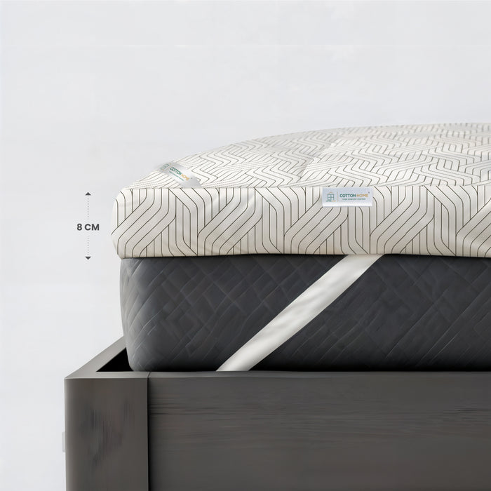 Off-White And Black Geometric Mattress Topper with 2 Pillow Covers - Super King Size 200x200+8cm