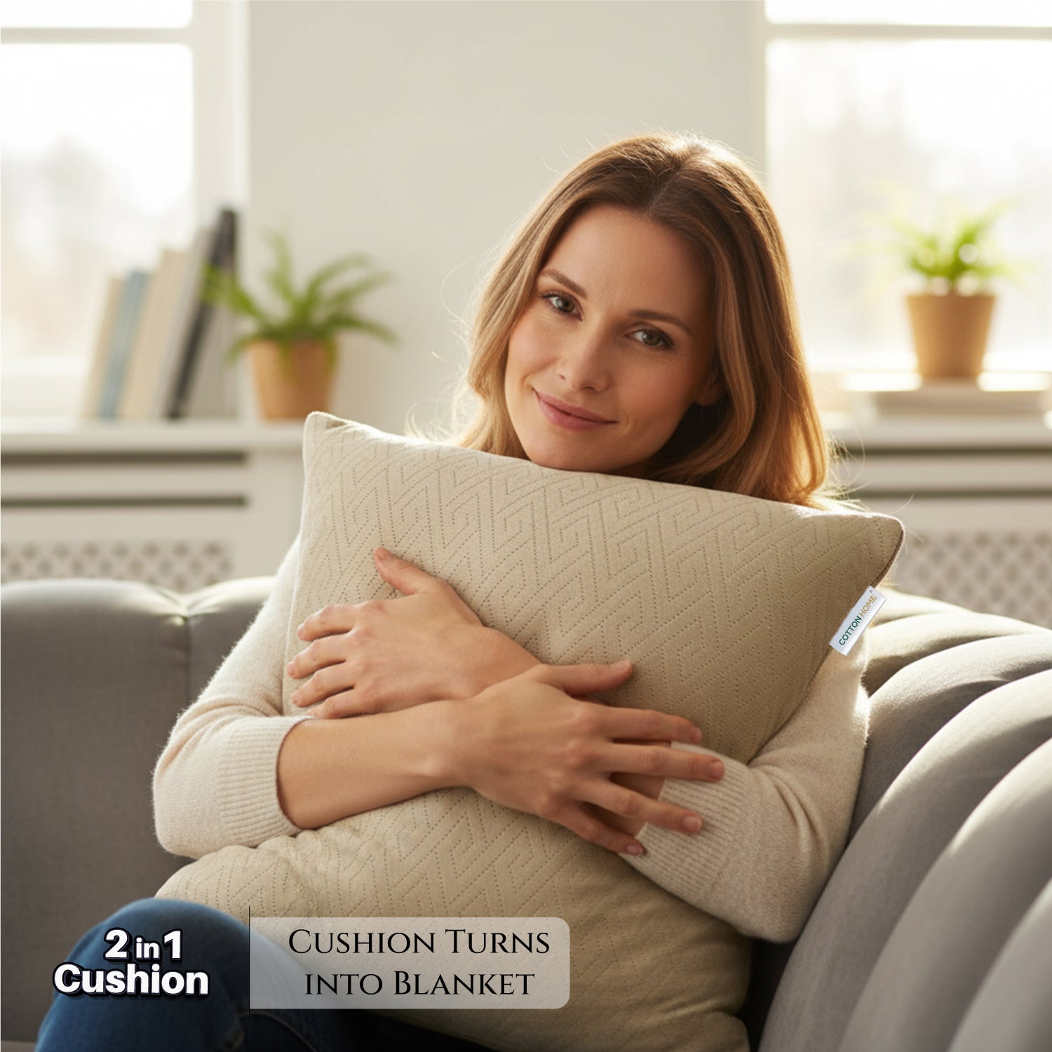 Woman holding a beige cushion that turns into a blanket