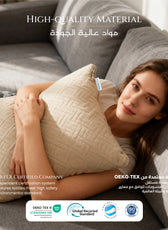 Woman holding a beige cushion that turn into blanket