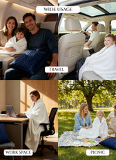 Collage of a family using a blanket by cotton home in various settings including travel, work space, and picnic.