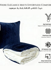 2 in 1 Navy blue cushion with white blanket and product features on a white background