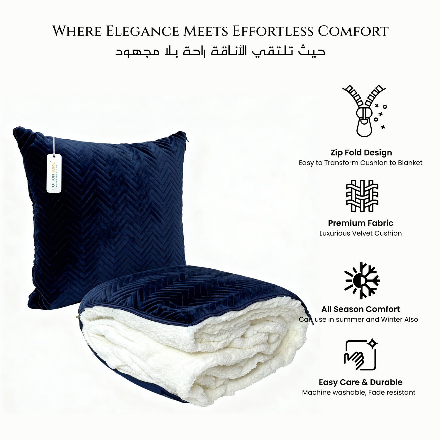 2 in 1 Navy blue cushion with white blanket and product features on a white background