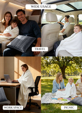 Collage of a blanket being used in various settings including travel, work space, and picnic.