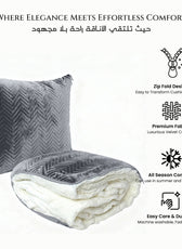 Gray cushion with zip-fold design transforming into a blanket